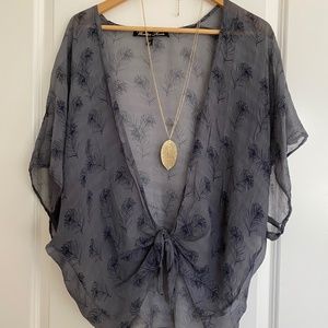 Winter Kate - 100% vintage silk grey, navy feather print open front kimono